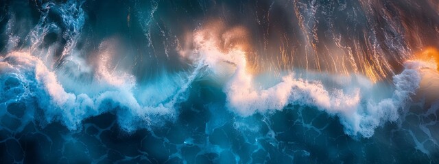 Aerial view of turquoise ocean water with splashes and foam for abstract natural background and texture - obrazy, fototapety, plakaty
