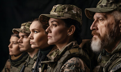 Fototapeta premium diverse middle aged military men and women, Generative AI 