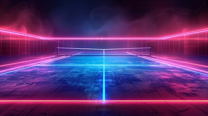 Glowing neon tennis field: A 3D vector illustration of a tennis court with glowing neon lines marking the boundaries - obrazy, fototapety, plakaty