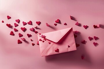 Pink envelope with hearts on pink background,  Valentines day concept