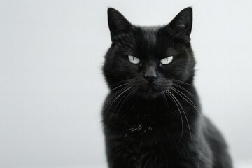 Black cat with big eyes on a white background,  Shallow depth of field