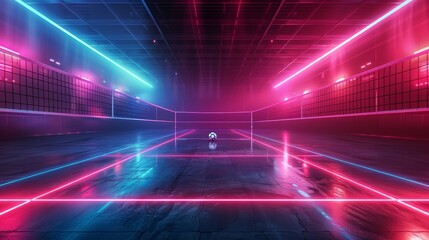Glowing Neon Volleyball: A 3D vector illustration of a volleyball court - obrazy, fototapety, plakaty