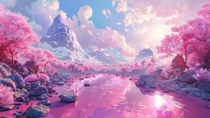 Fototapeta na wymiar In 3D illustration, a pink colored river, mountain and stone are depicted in a dreamy landscape painting.