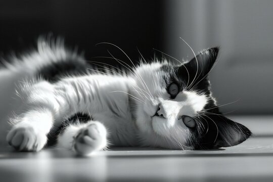 Black and white cat lying on the floor, black and white photo