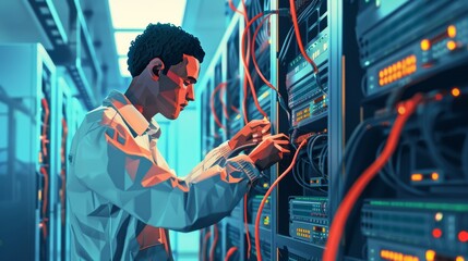 Network Management: A 3D vector illustration of a network technician troubleshooting a server - obrazy, fototapety, plakaty