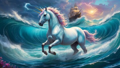 A majestic unicorn strides across ocean waves as a historical ship sails in the background, under a surreal, stormy sky at sunset.. AI Generation - obrazy, fototapety, plakaty