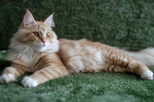 Beautiful ginger maine coon cat lying on green carpet