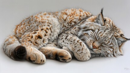 Pallas Cat Curling Up into Tight Ball, Tail Wrapped Around Paws for Warmth.