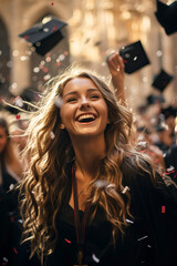 Graduates throw their caps in the air. Portrait of smiling graduate girl on foreground.