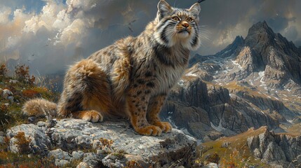 Pallas Cat Perched atop Rocky Outcrop, Surveying Vast Expanse of Steppes. - obrazy, fototapety, plakaty