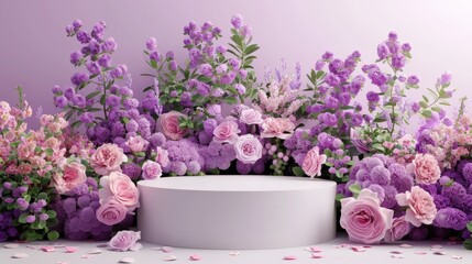 Fototapeta na wymiar Podium background flower rose product purple 3d spring table beauty stand display nature white. Garden rose floral summer background podium cosmetic valentine field scene gift purple day romantic