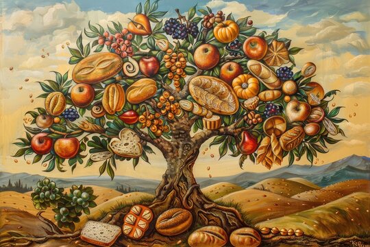 A stylized painting of a mythical bread tree, with loaves and rolls as fruits under a golden sky