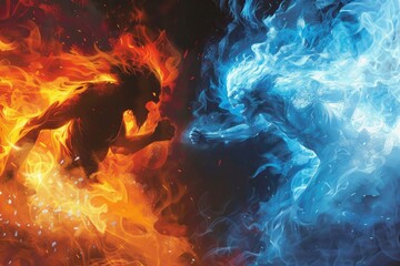 Animated depiction of a fire and ice duel - obrazy, fototapety, plakaty