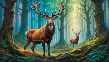 A regal stag with an impressive antler crown stands in a mystical, sunlit forest clearing, evoking a sense of wonder within a storybook setting.. AI Generation