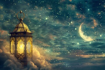 Ramadan Kareem background with arabic lanterns and moon - obrazy, fototapety, plakaty