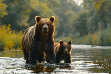 Serenity at Sunset: Mother Bear and Cub by Riverside. Concept Nature Photography, Motherhood, Wildlife, Golden Hour, Tranquility