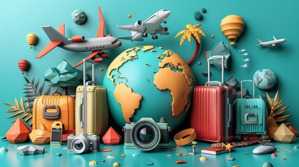 Travel and Tourism: A 3D vector illustration of a globe surrounded by a variety of travel-related items