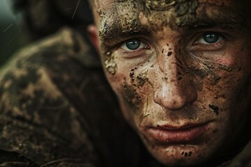 Close-up portrait of a young man with dirty face in camouflage - obrazy, fototapety, plakaty