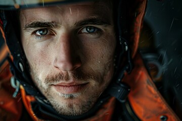 Close-up portrait of a man in the helmet of an astronaut