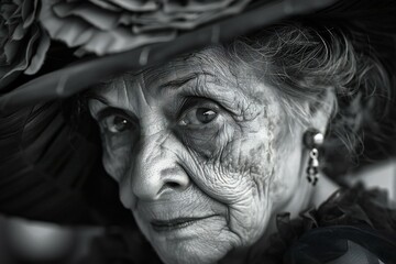 Portrait of an old woman in a hat,  Black and white
