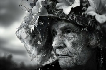 Portrait of an old woman with a wreath on her head