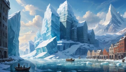 An urban metropolis transformed into a frozen wonder, where icebergs replace skyscrapers and boats navigate icy waterways.. AI Generation - obrazy, fototapety, plakaty