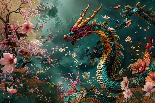 Chinese dragon and flowers in watercolor style,  Dragon and flowers