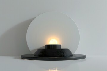 Black round podium with a burning candle on a white background,   rendering