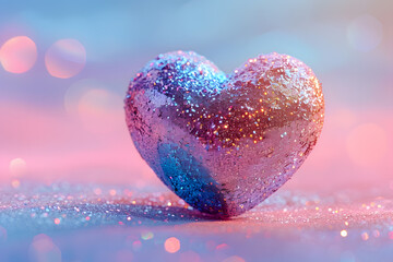 Fototapeta premium 3D Glossy glitter pink heart, metallic holographic colorful shiny reflective surface isolated on pink background