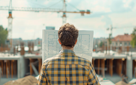 Construction expert analyzing building blueprints, viewed from behind - architect construction management, site inspection, planning phase, project development.