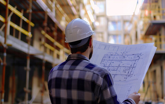 Construction expert analyzing building blueprints, viewed from behind - architect construction management, site inspection, planning phase, project development.