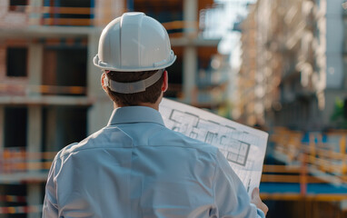Construction expert analyzing building blueprints, viewed from behind - architect construction management, site inspection, planning phase, project development. - obrazy, fototapety, plakaty
