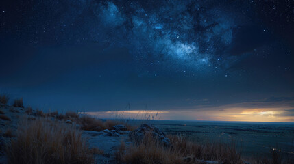 Naklejka premium View of grassland and starry sky at night.