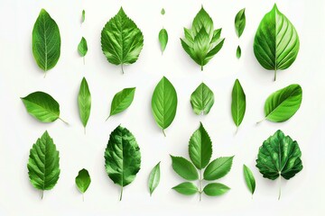 Set of green leaves isolated on white background,  Flat lay, top view
