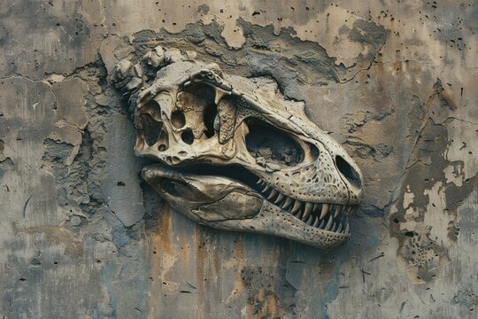 Skull of a dog on a rusty metal wall, close-up