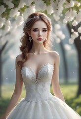 Fototapeta na wymiar Beautiful young bride in white wedding dress posing in blooming garden
