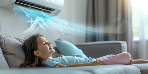 kid relaxing on sofa under the air Conditioner