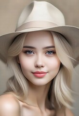 Portrait of a beautiful girl with blond hair and blue eyes in a hat