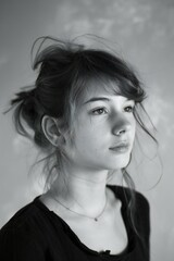 Portrait of a beautiful girl on a gray background,  Black and white photo