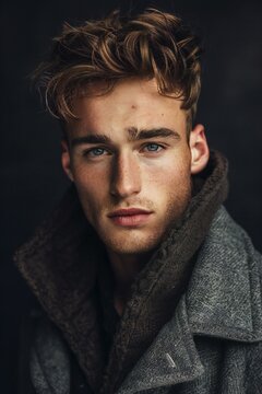 Handsome young man in coat and scarf,  Men's beauty, fashion