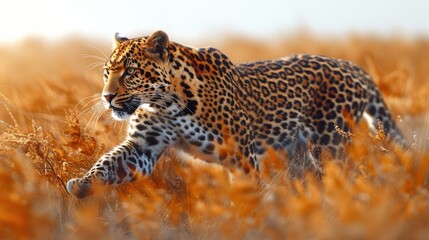 Leopards in Their Natural Habitat. Leopard running fast on dry grassland photographed from the side.