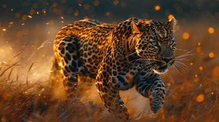 Action Shot of a Leopard Racing Across the Savannah, Muscles Rippling in the Pale Moonlight.