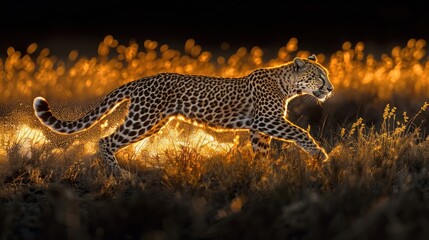 Action Shot of a Leopard Racing Across the Savannah, Muscles Rippling in the Pale Moonlight.