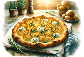 Watercolor Painting of a Pizza Patatosa