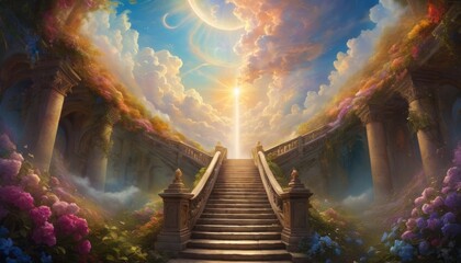 An ethereal stairway ascending towards a surreal sky with a solar eclipse, surrounded by lush gardens and classical architecture under a celestial light.. AI Generation