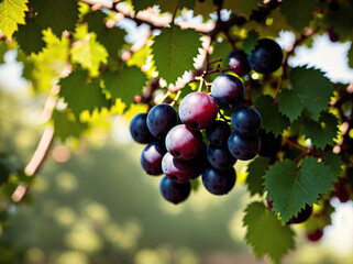 A bunch of purple grapes hanging from a tree branch.