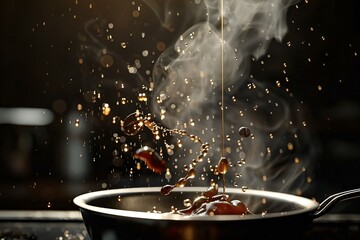 Olive oil being poured into a frying pan with splashes - obrazy, fototapety, plakaty