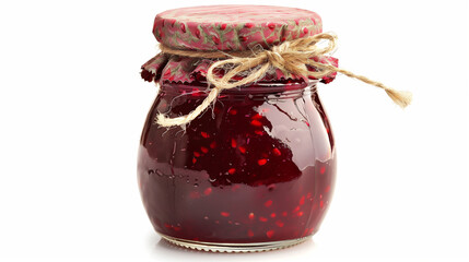 Homemade Raspberry Jam in Glass Jar. Rustic homemade raspberry jam in a clear glass jar, sealed with burlap cloth and twine, illuminated with soft light on a gentle gradient background. 