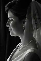 Elegant bride in profile with soft lighting creating a timeless moment captured before the wedding ceremony