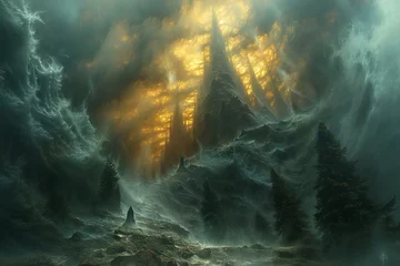 Foto op Plexiglas Fantasy alien planet,  Mountain and foggy forest,   illustration © Nam